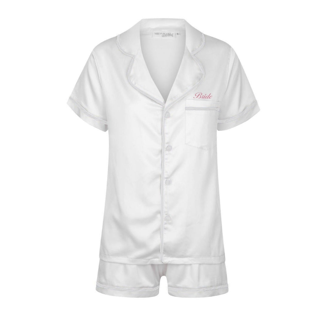 Satin Personalised Pyjama Set - Short Sleeve White/White