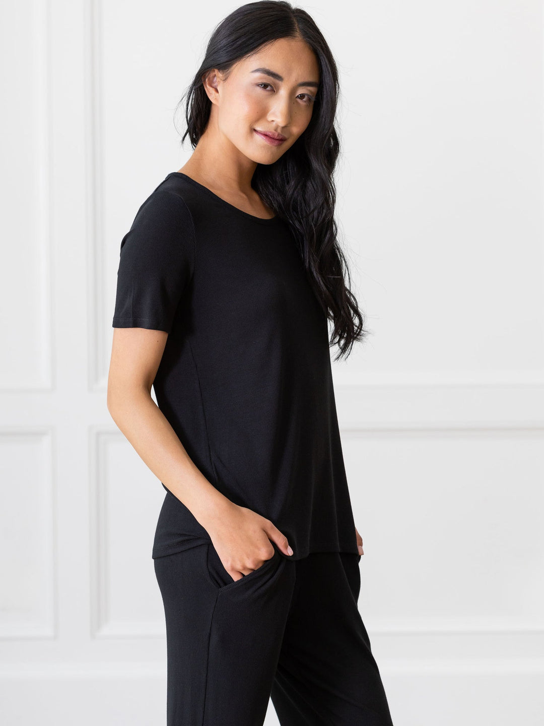 Women's Rib-Knit Bamboo Lounge T-Shirt - Black