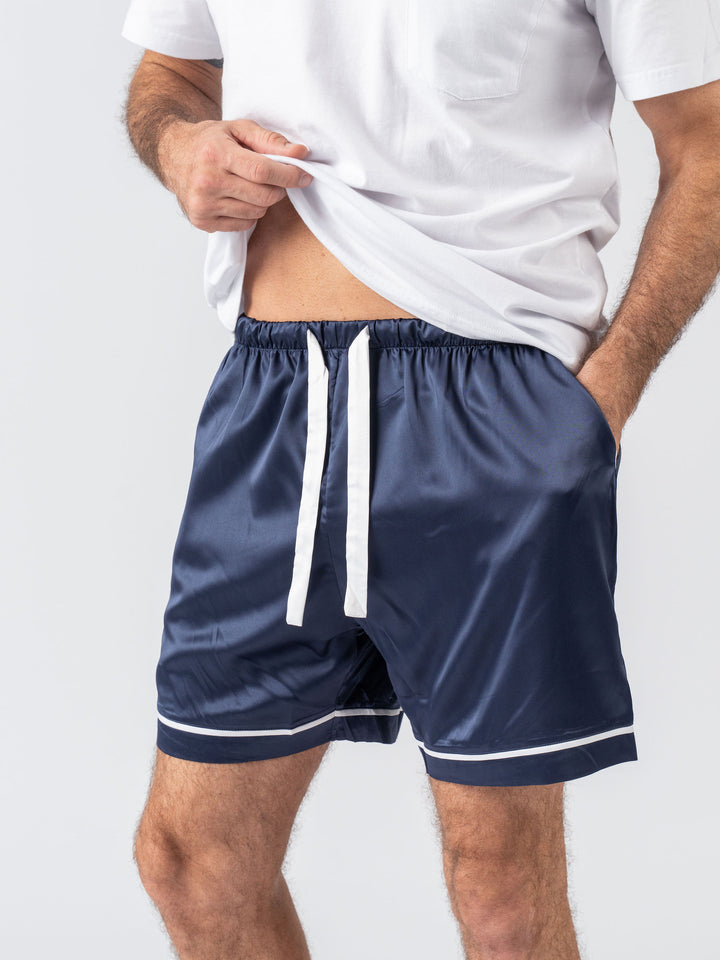 Men's Satin Personalised Pyjama Set - Cotton Shirt with Navy Shorts