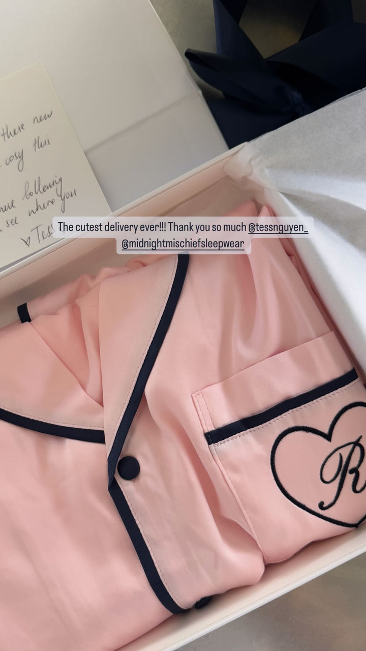 Kids Satin Personalised Pyjama Set - Short Sleeve Pink/Navy