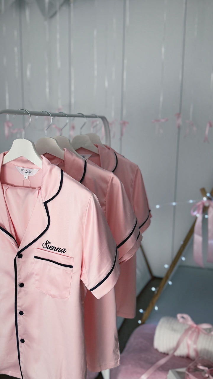 Kids Satin Personalised Pyjama Set - Short Sleeve Pink/Navy