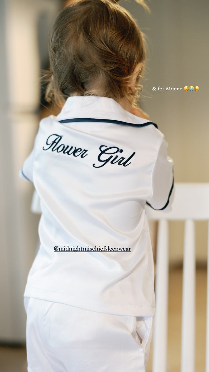Kids Satin Personalised Pyjama Set - Short Sleeve White/Navy