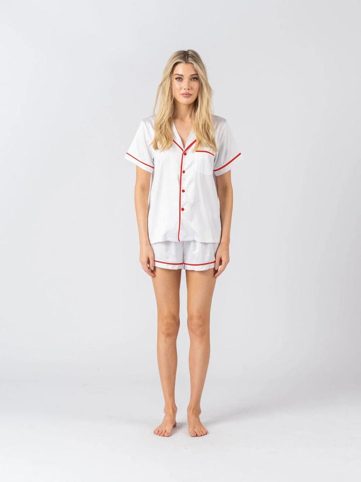 Satin Personalised Pyjama Set - Short Sleeve White/Red