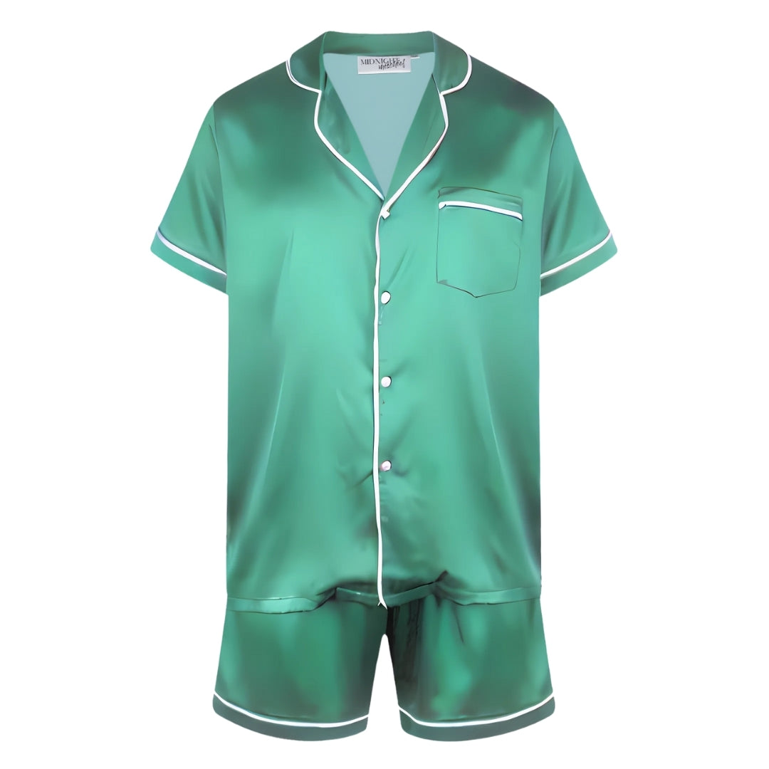 Personalised Men's Satin Pyjama Set - Short Sleeve Emerald Green/White