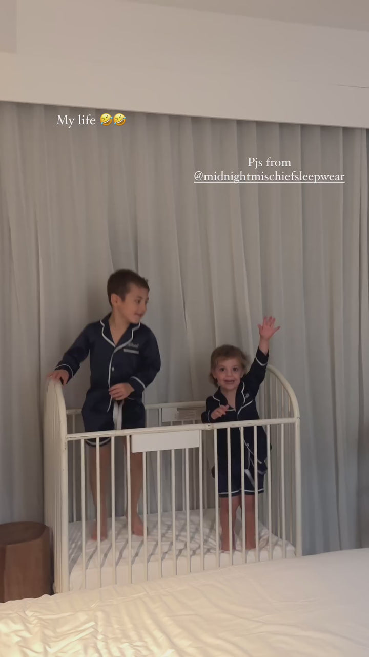 Kids Satin Personalised Pyjama Set - Long Sleeve with Shorts Navy/White