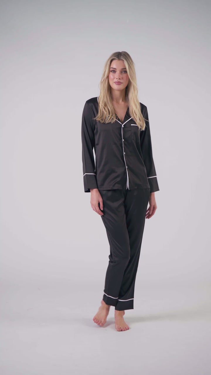 Satin Personalised Pyjama Winter Set - Long Sleeve & Long Pants Black/White