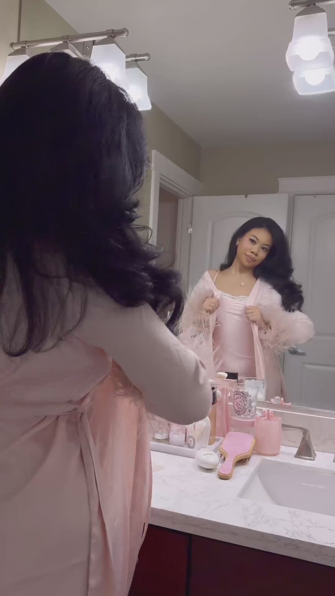 Pink Satin Feather Short Robe