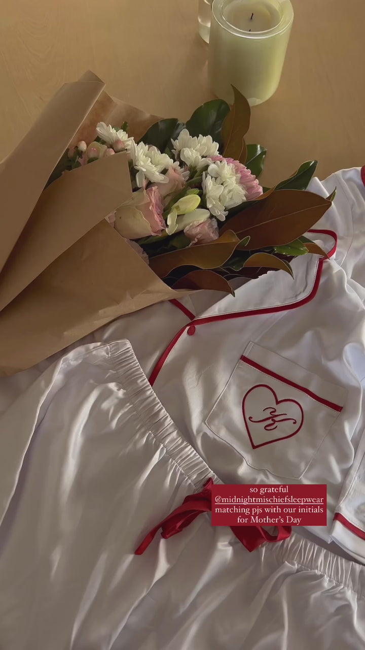 Satin Personalised Pyjama Set - Short Sleeve White/Red