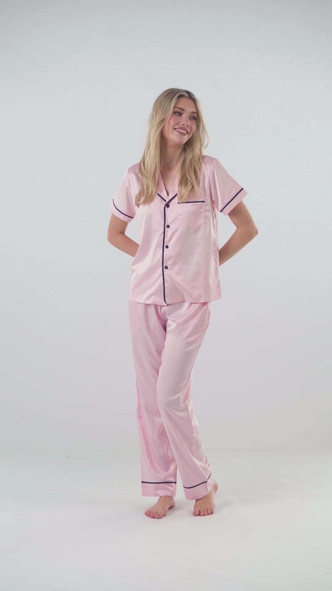 Satin Personalised Pyjama Set - Short Sleeve & Long Pants Pink/Navy (Faulty/Final Sale)