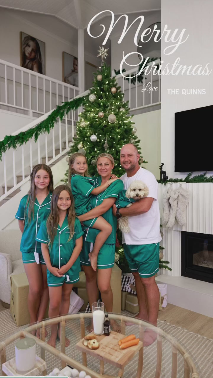 Satin Personalised Pyjama Set - Short Sleeve Emerald Green/White