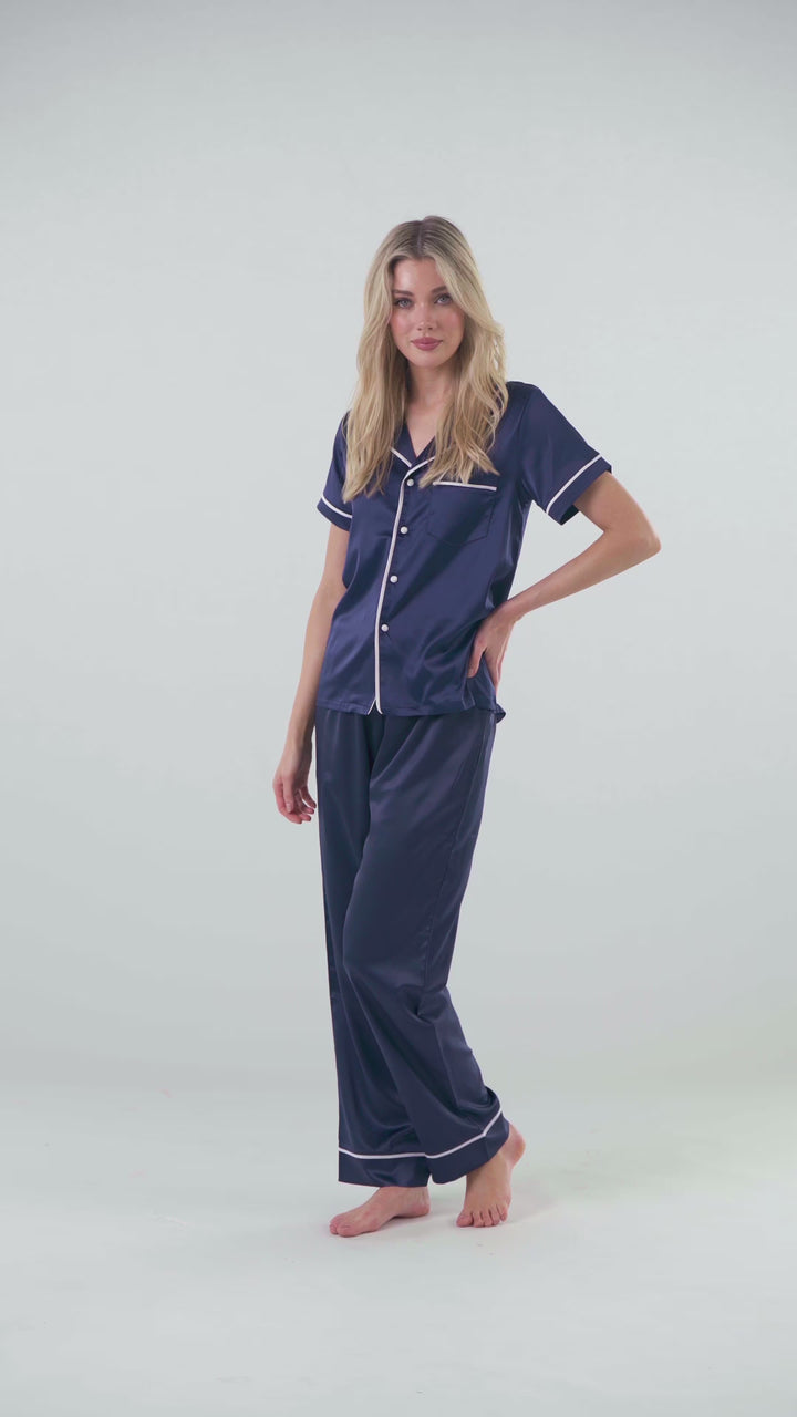 Satin Personalised Pyjama Set - Short Sleeve & Long Pants Navy/White