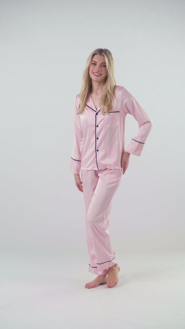 Satin Personalised Pyjama Winter Set - Long Sleeve & Long Pants Pink/Navy