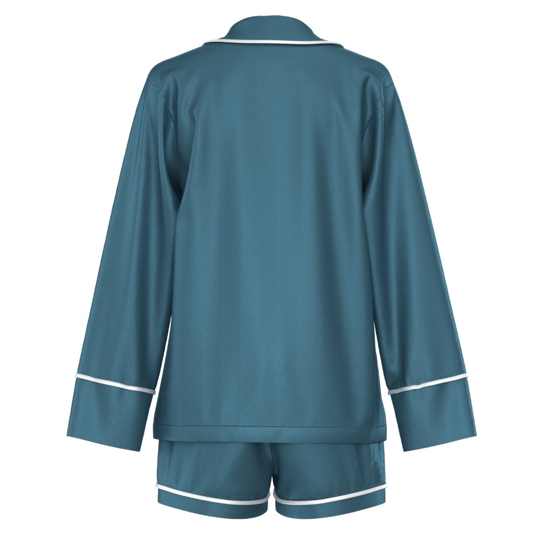 Satin Personalised Pyjama Set - Long Sleeve Teal/White