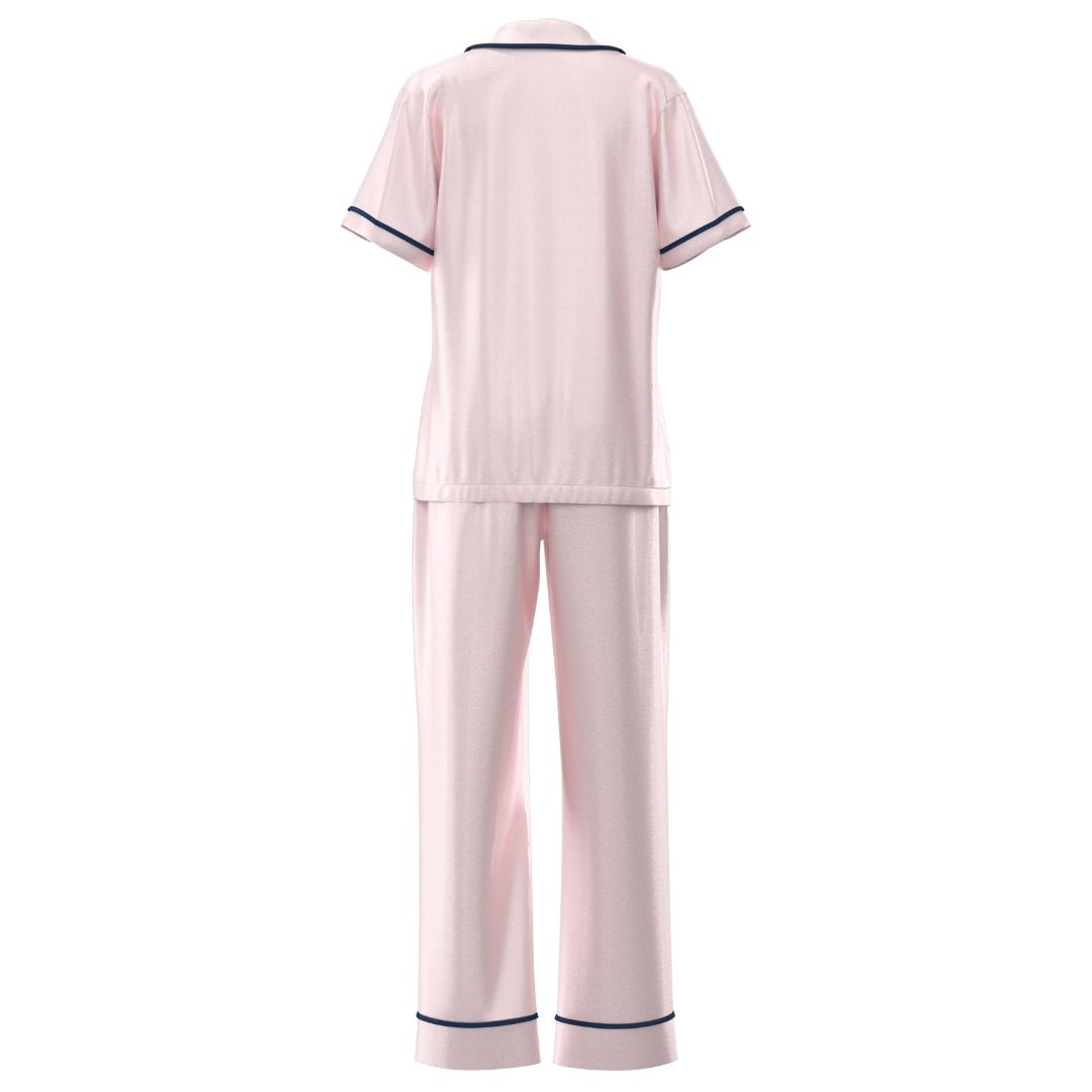 Satin Personalised Pyjama Set - Short Sleeve & Long Pants Pink/Navy (Faulty/Final Sale)