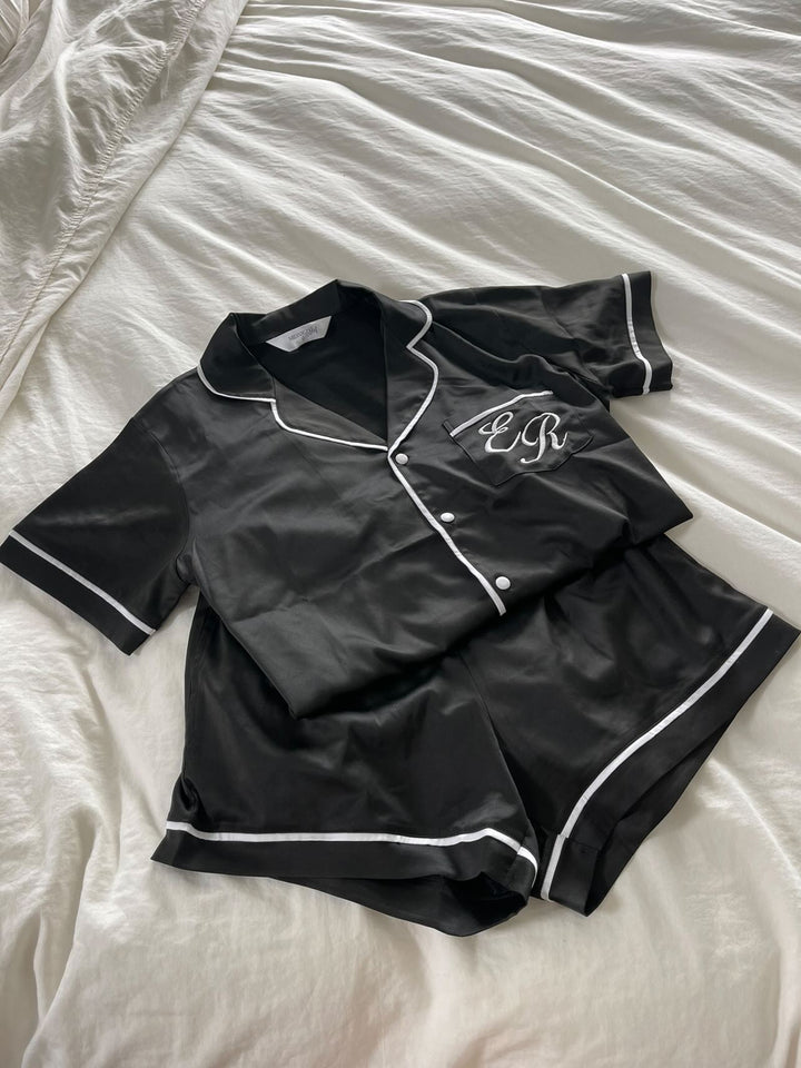 Satin Personalised Pyjama Set - Short Sleeve Black/White