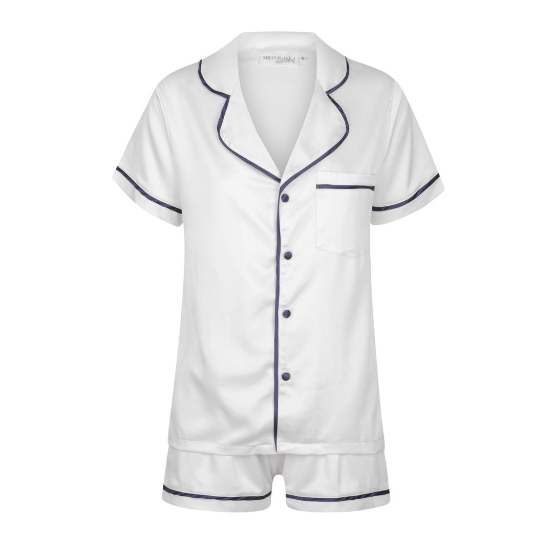 Men's Satin Personalised Pyjama Set - Short Sleeve White/Navy