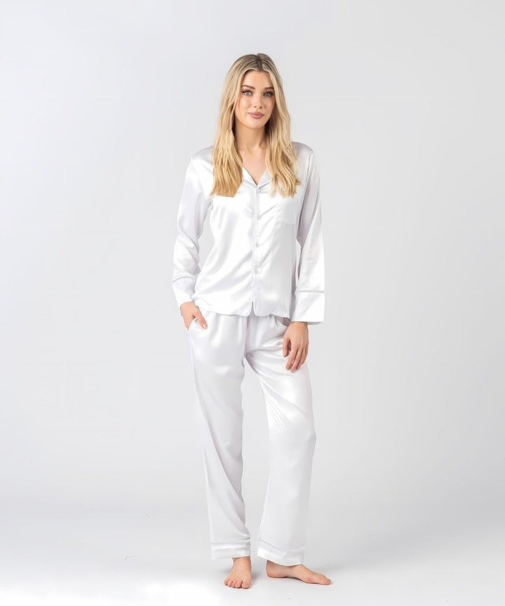Satin Personalised Pyjama Winter Set - Long Sleeve & Long Pants White/White