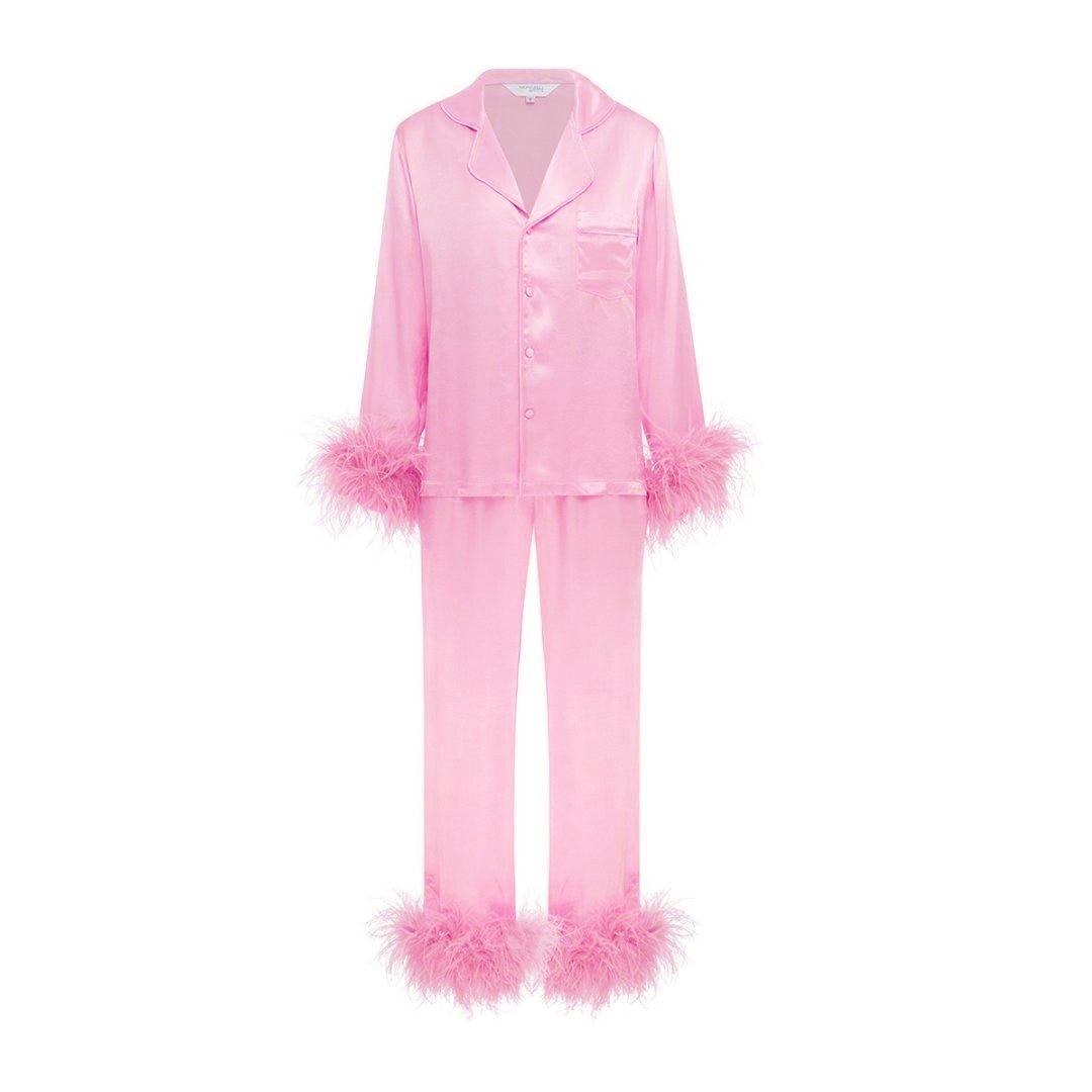 Candy Pink Feather Pyjama Winter Set – Midnight Mischief Sleepwear