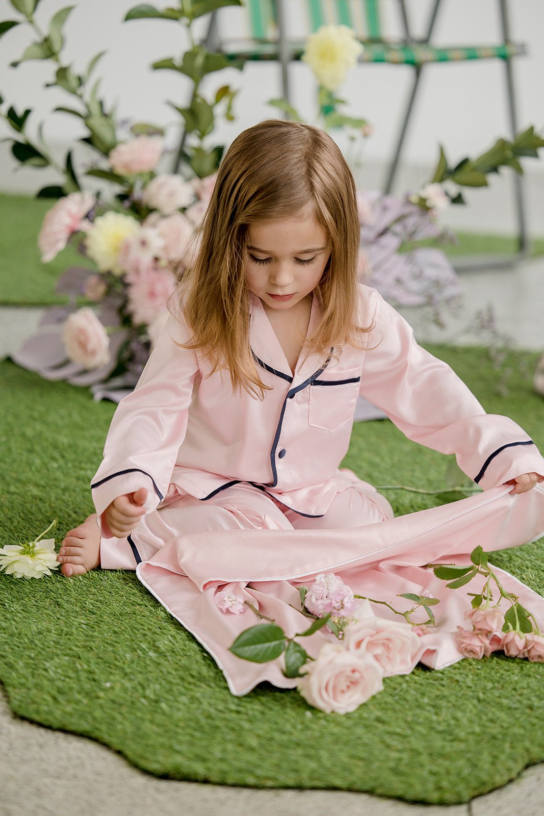 Kids Satin Personalised Pyjama Set - Long Sleeve with Long Pants Pink/Navy
