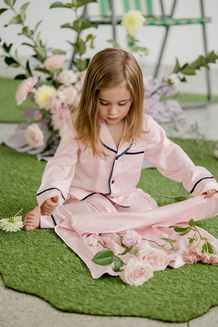 Kids Satin Personalised Pyjama Set - Long Sleeve with Long Pants Pink/Navy