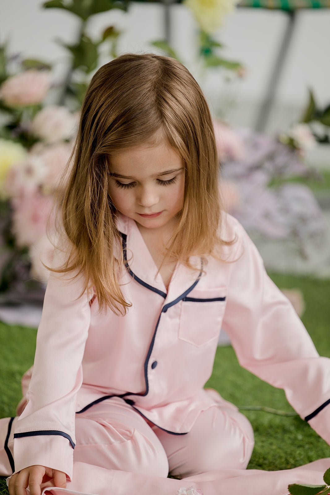 Kids Satin Personalised Pyjama Set - Long Sleeve with Long Pants Pink/Navy