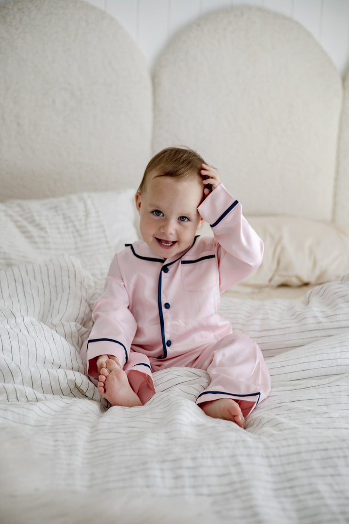 Kids Satin Personalised Pyjama Set - Long Sleeve with Long Pants Pink/Navy