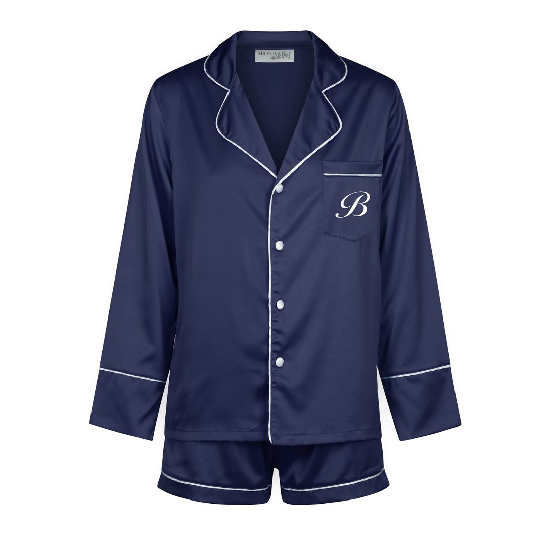 Kids Satin Personalised Pyjama Set - Long Sleeve with Shorts Navy/White