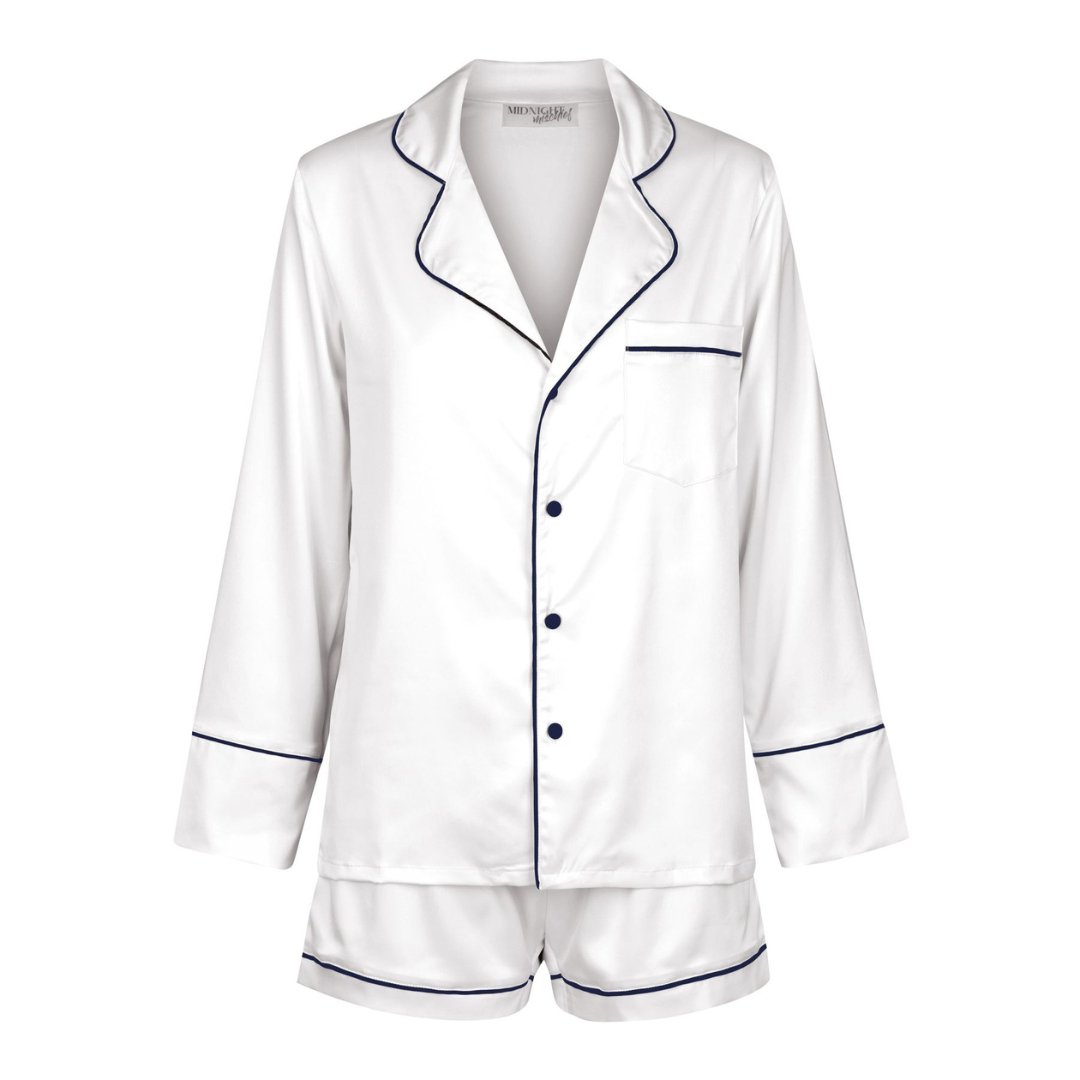 Kids Satin Personalised Pyjama Set - Long Sleeve with Shorts White/Navy