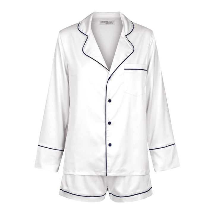 Kids Satin Personalised Pyjama Set - Long Sleeve with Shorts White/Navy