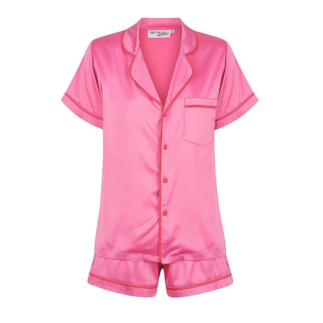 Kids Satin Personalised Pyjama Set - Short Sleeve Hot Pink/Red