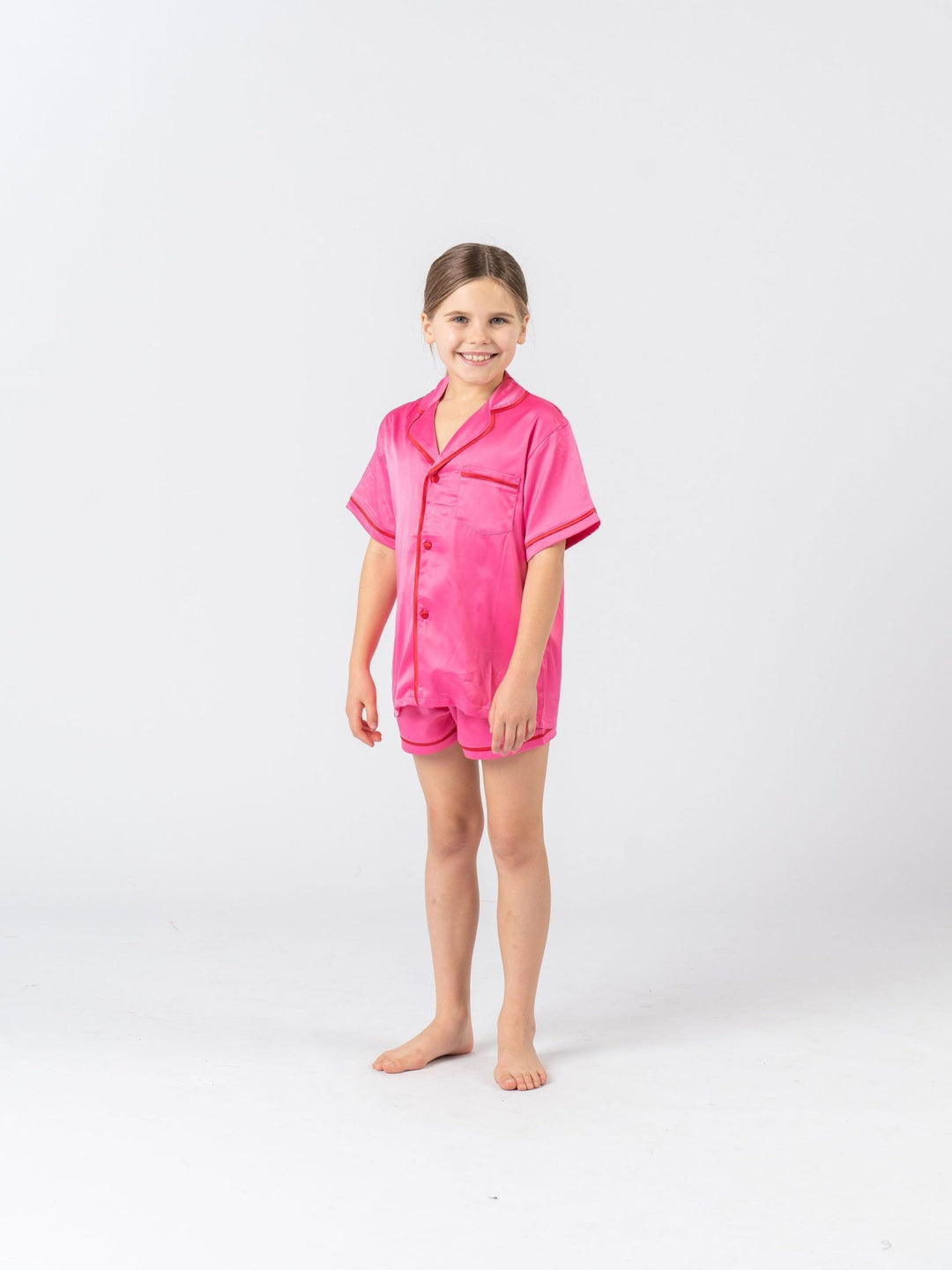 Kids Satin Personalised Pyjama Set - Short Sleeve Hot Pink/Red