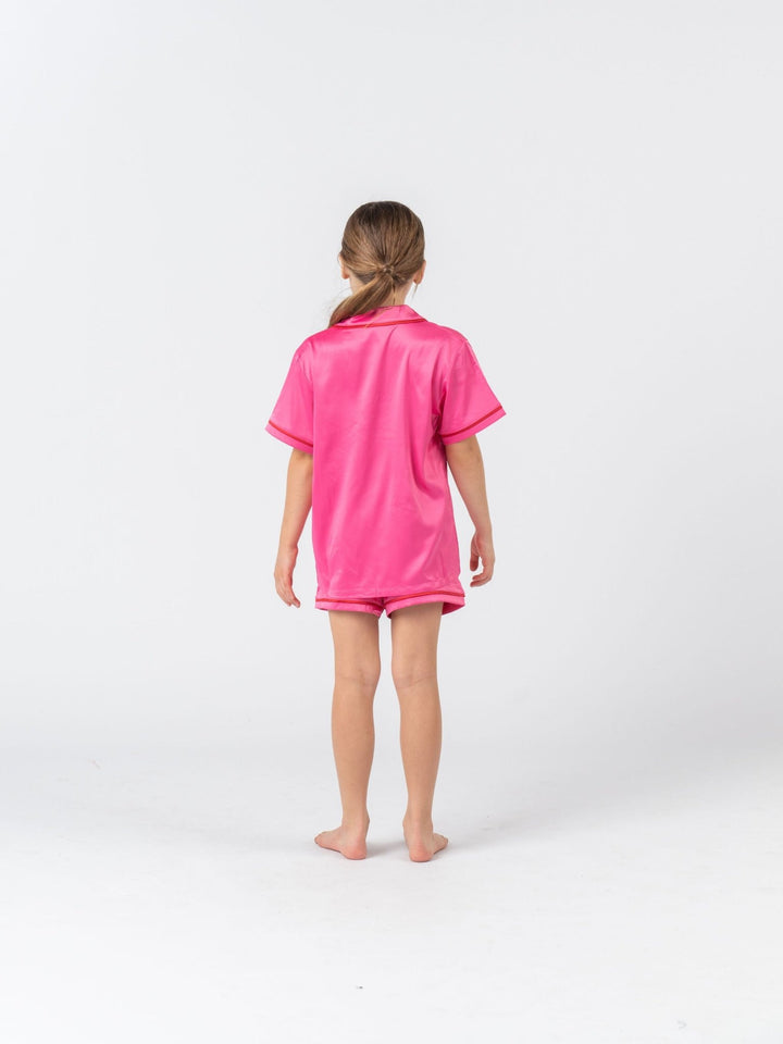 Kids Satin Personalised Pyjama Set - Short Sleeve Hot Pink/Red