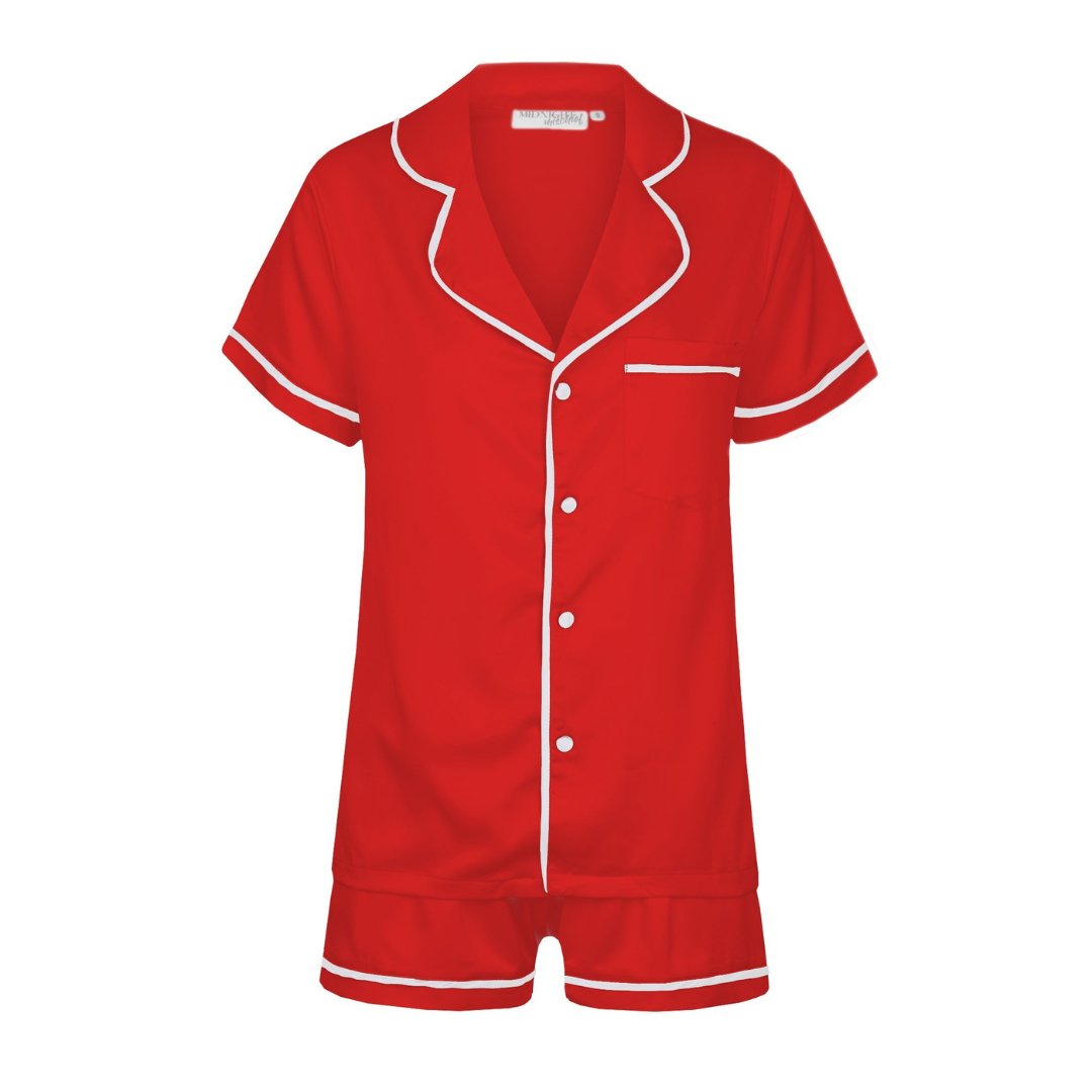 Kids Satin Personalised Pyjama Set - Short Sleeve Red/White