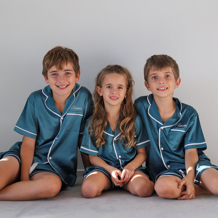 Kids Satin Personalised Pyjama Set - Short Sleeve Teal/White