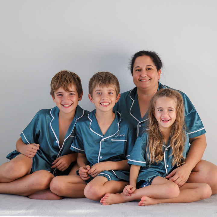 Kids Satin Personalised Pyjama Set - Short Sleeve Teal/White
