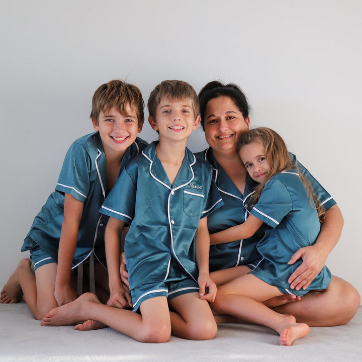 Kids Satin Personalised Pyjama Set - Short Sleeve Teal/White