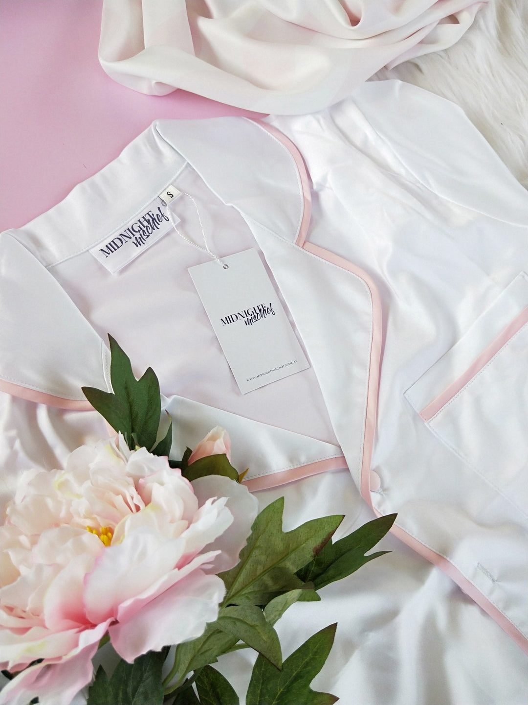 Kids Satin Personalised Pyjama Set - Short Sleeve White/Baby Pink