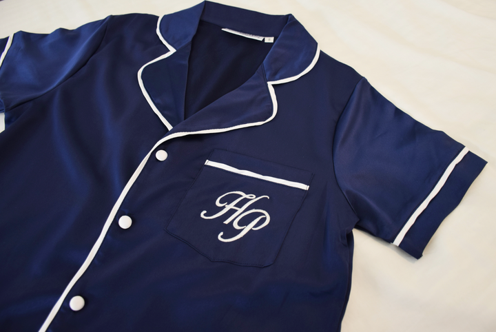 Satin Personalised Short Sleeve Boyfriend Shirt - Navy/White