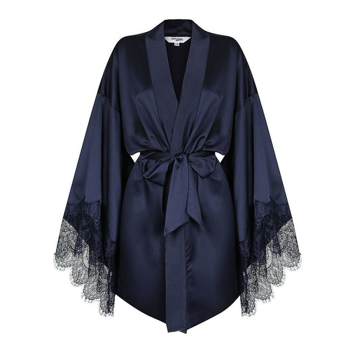 Satin Personalised Navy Lace Short Robe - Navy Lace Details