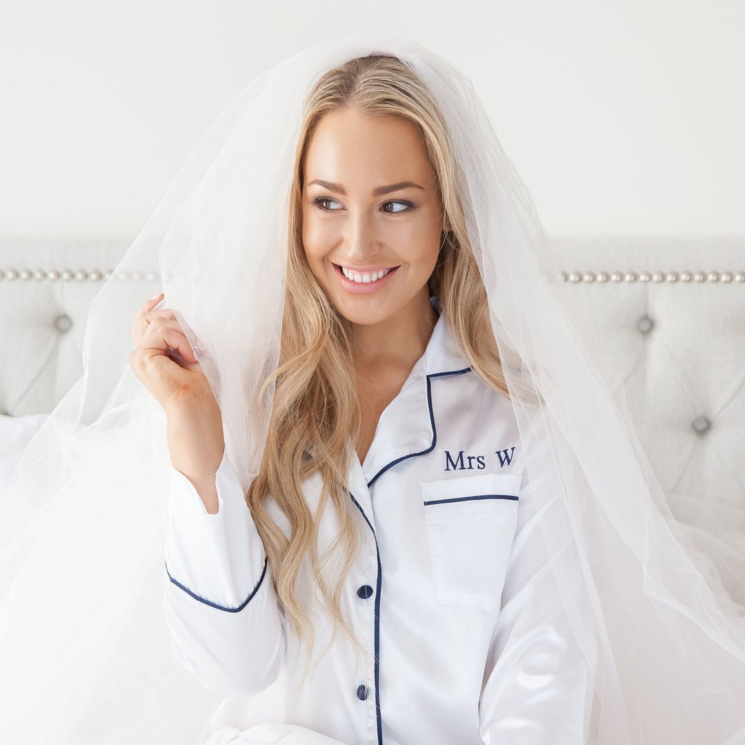 Satin Personalised Pyjama Set - Long Sleeve White/Navy (Faulty/Final Sale)