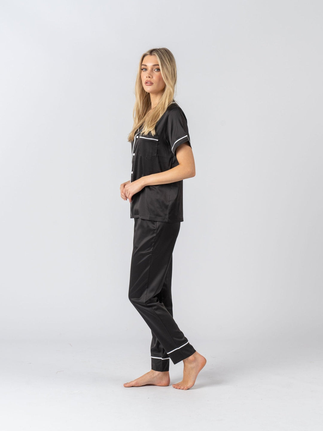 Satin Personalised Pyjama Set - Short Sleeve & Long Pants Black/White