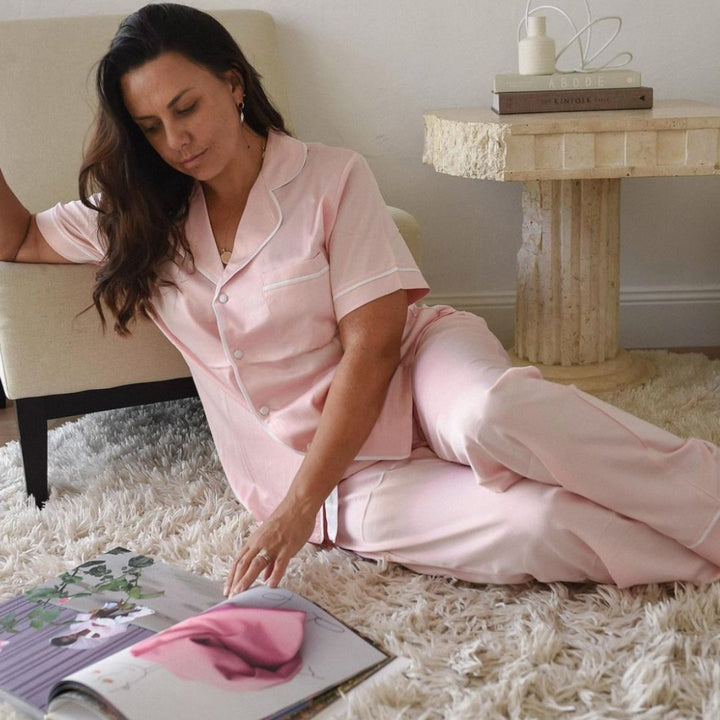 Satin Personalised Pyjama Set - Short Sleeve & Long Pants Bubble Gum Pink/White