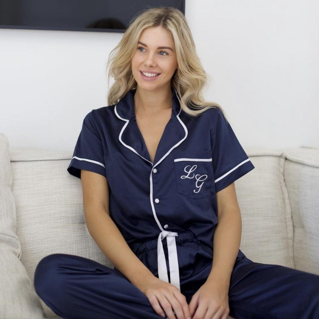 Satin Personalised Pyjama Set - Short Sleeve & Long Pants Navy/White