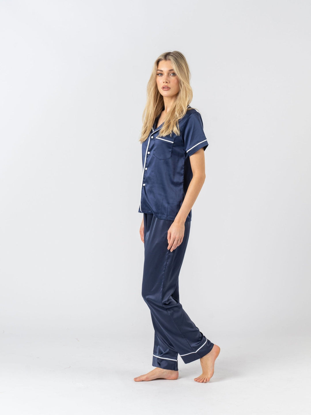 Satin Personalised Pyjama Set - Short Sleeve & Long Pants Navy/White