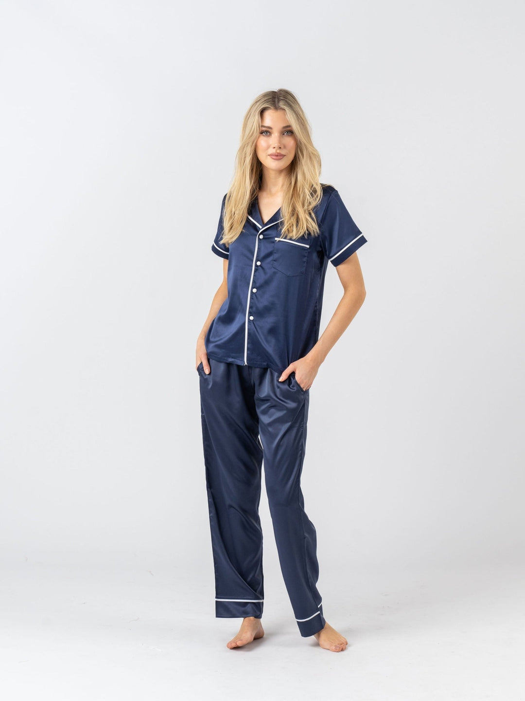 Satin Personalised Pyjama Set - Short Sleeve & Long Pants Navy/White