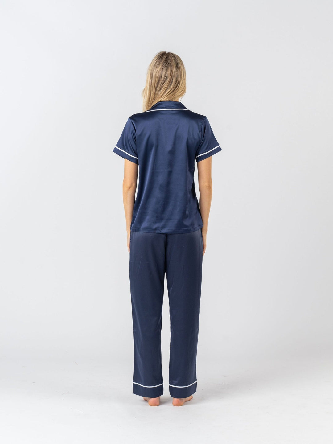 Satin Personalised Pyjama Set - Short Sleeve & Long Pants Navy/White