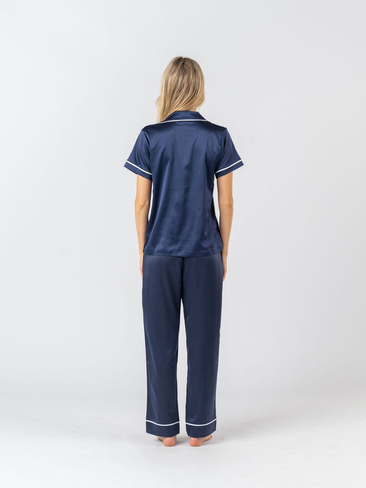 Satin Personalised Pyjama Set - Short Sleeve & Long Pants Navy/White