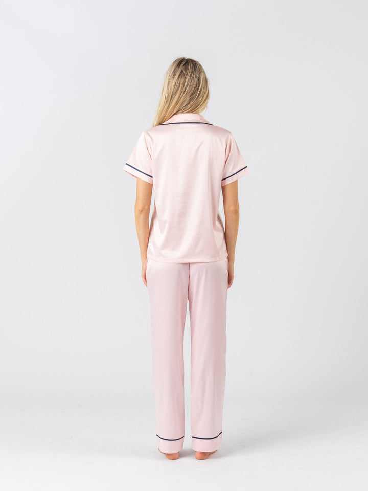 Satin Personalised Pyjama Set - Short Sleeve & Long Pants Pink/Navy (Faulty/Final Sale)
