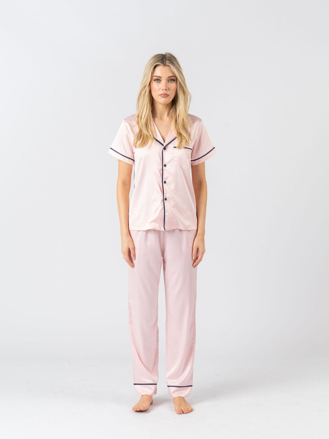 Satin Personalised Pyjama Set - Short Sleeve & Long Pants Pink/Navy (Faulty/Final Sale)