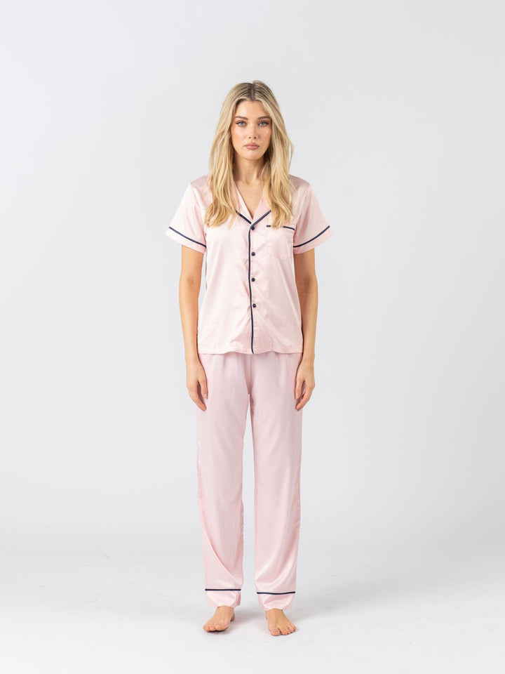 Satin Personalised Pyjama Set - Short Sleeve & Long Pants Pink/Navy (Faulty/Final Sale)
